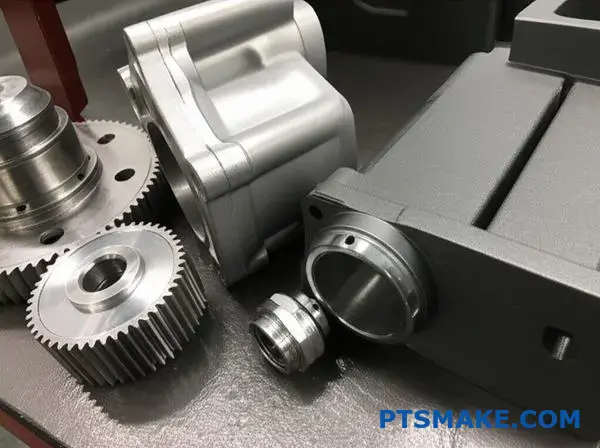 Diverse metalen onderdelen die de materiaalverschillen tonen tussen de legeringen van precisiegietwerk en drukgieten