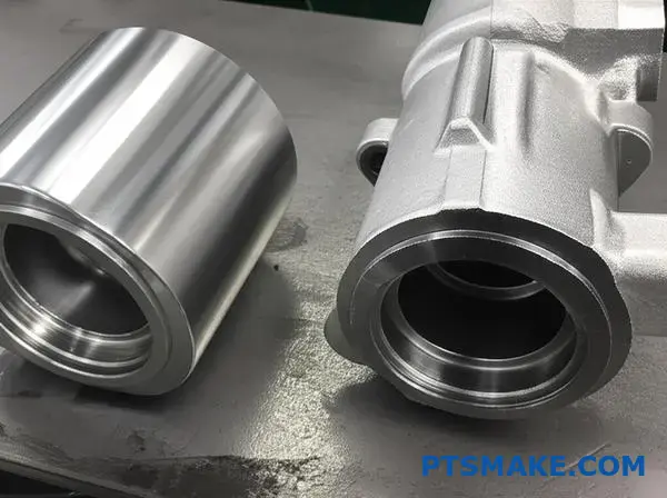 Twee metalen auto-onderdelen met verschillende oppervlakteruwheidsniveaus van precisiegiet- en spuitgietproductieprocessen