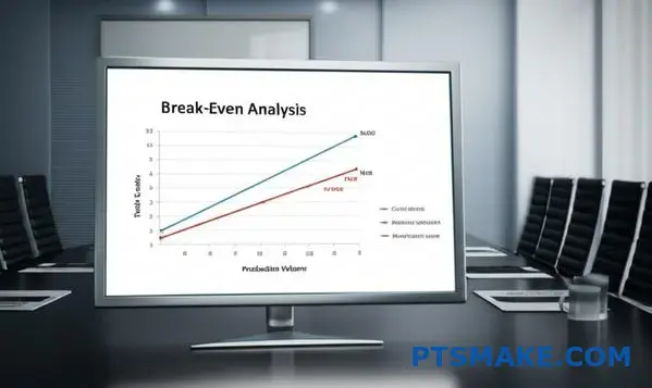 Grafiek voor break-even analyse tussen productiekosten voor verlorenwasgieten versus spuitgieten en beslissingsmomenten voor volume