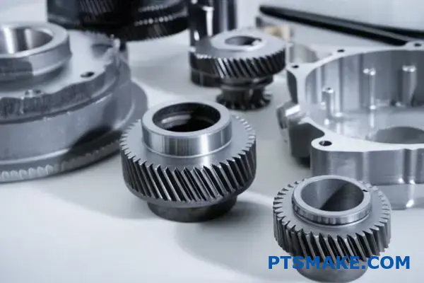 Metalen onderdelen met verschillen in productiekosten tussen verlorenwasgieten en spuitgieten op industriële tafel