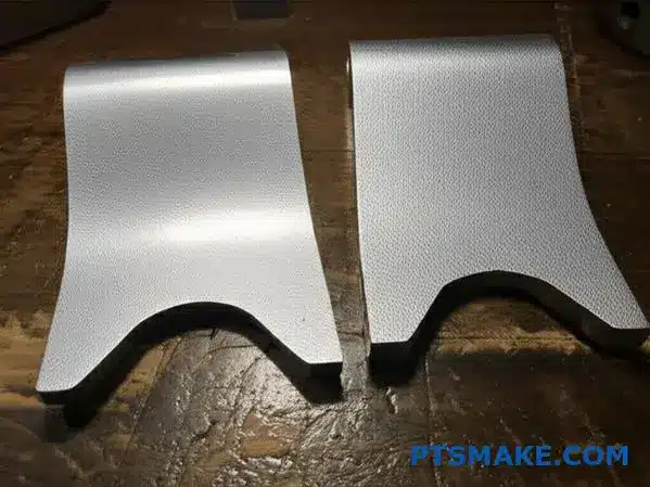 Twee metalen beugels voor auto's met verschillende korrelstructuren van verlorenwas- versus spuitgietprocessen