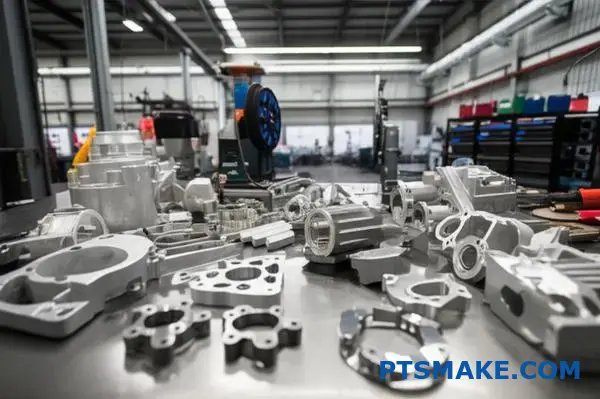 Diverse gegoten metalen onderdelen in verschillende afwerkingsstadia op een productiebank die de nabewerkingen van het verlorenwas- en spuitgietwerk laat zien