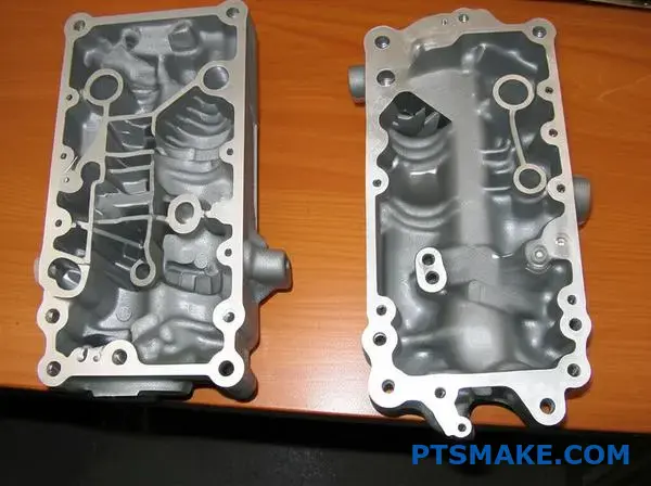 Vergelijking tussen een complex gegoten onderdeel en een eenvoudig gegoten auto-onderdeel, waaruit de verschillen in productiemethode blijken