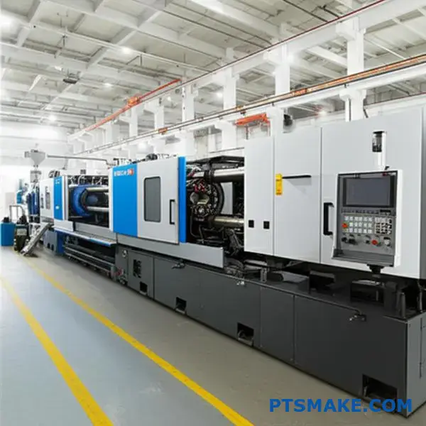 Industrial injection molding machine displaying tonnage specifications for die casting manufacturing operations