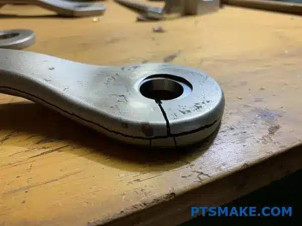 Close-up view of cracked metal bracket showing failure analysis for manufacturing quality control inspection