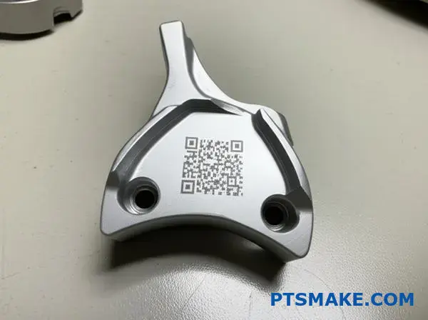 Precision aluminum automotive bracket with laser-etched QR code for traceability in die casting manufacturing quality control system