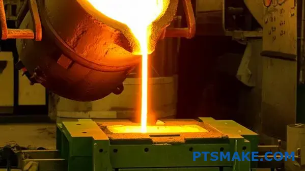 Molten metal pouring into sand mold during casting process showing foundry operations and mold making techniques