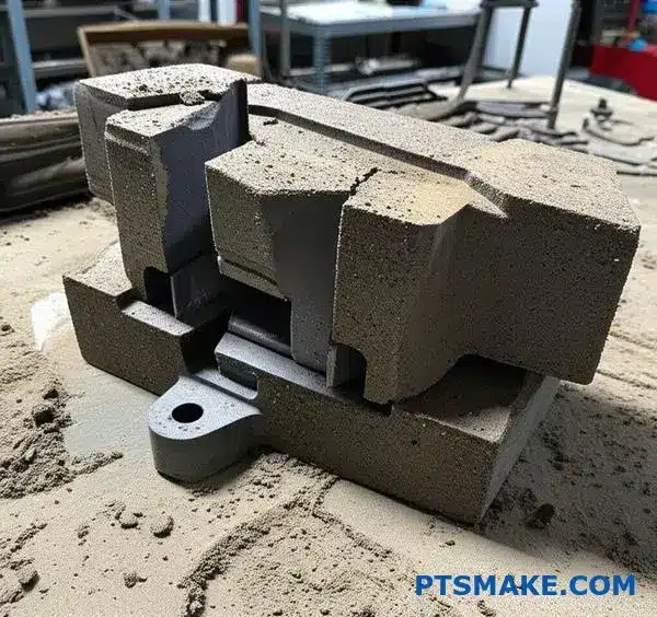 Destroyed sand mold reveals cast metal part in foundry expendable molding process