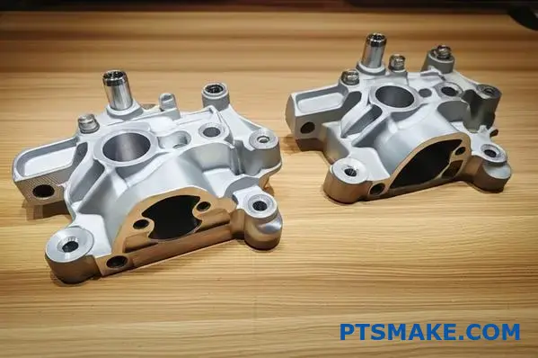 Two aluminum engine brackets showing dimensional precision differences between die cast and sand cast manufacturing processes