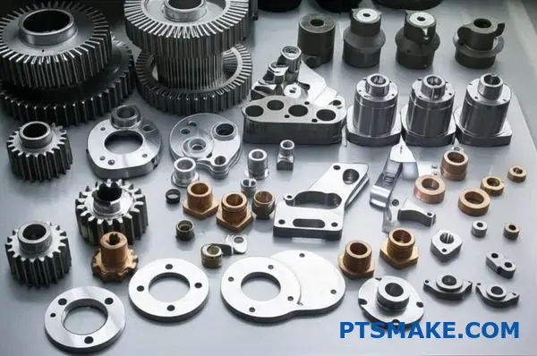Various metal alloy parts comparing sand casting and die casting material options including steel aluminum bronze components