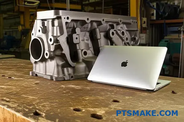 Comparison between heavy iron engine block and lightweight aluminum laptop case demonstrating casting size capabilities