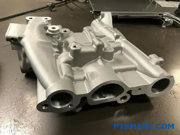 Detailed aluminum automotive bracket showing complex internal channels and undercuts achieved through sand casting manufacturing process