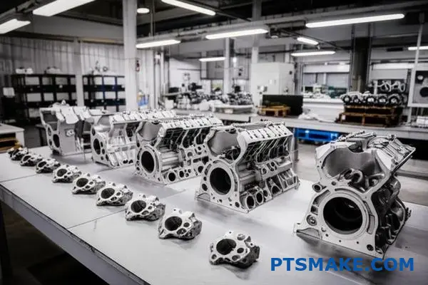 Metal parts showcasing different production volumes comparing sand molding versus pressure casting manufacturing methods