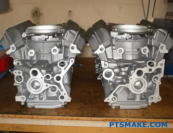 Comparison of sand cast and die cast automotive engine blocks showing surface quality differences between casting methods