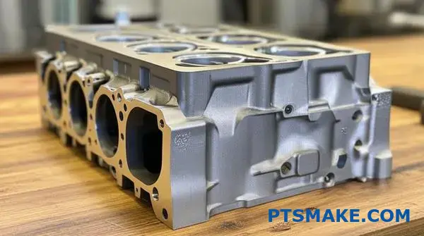 Metal engine block showing sand casting design features with draft angles and fillets for manufacturing optimization