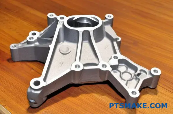 Precision die cast aluminum automotive bracket showcasing optimized wall thickness and draft angles for manufacturing efficiency
