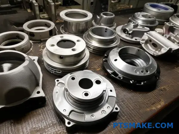 Metal automotive parts displaying various manufacturing stages and finishing processes on workshop table