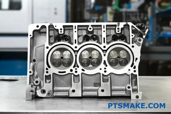 Complex automotive engine block showing internal casting features and manufacturing considerations for production method selection