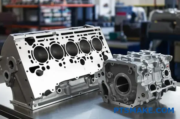 Sand cast and die cast aluminum engine blocks showing surface finish differences in manufacturing processes