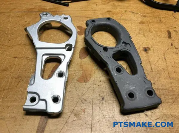 Comparison of thin intricate metal injection molded bracket versus thick robust die cast bracket showing manufacturing process differences