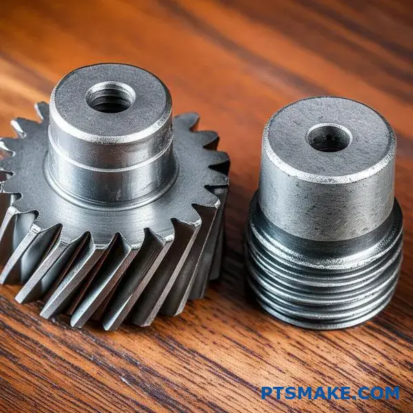 Detailed comparison of metal injection molded and die cast automotive gear components showing different surface grain structures and manufacturing quality differences