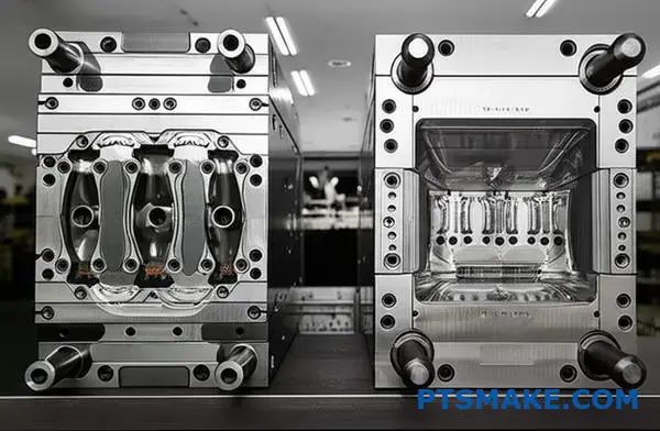 Comparison of injection molding tools showing different construction approaches for metal forming versus powder metallurgy manufacturing processes