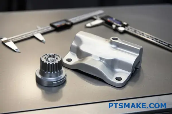 Precision metal parts comparison showing injection molded gear and die cast bracket with measuring tools demonstrating dimensional accuracy differences