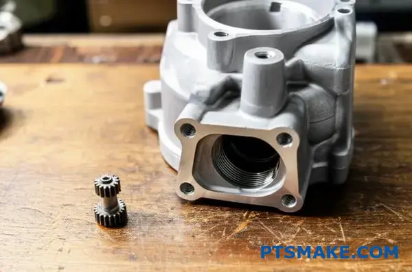 Comparison of small precision gear and large casting component demonstrating manufacturing size capabilities