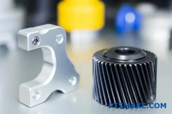 Two precision metal parts showcasing different manufacturing finishing requirements for injection molding versus casting processes