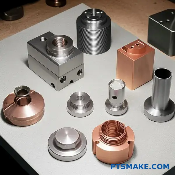Various metal injection molded and die cast parts displaying different mechanical properties and surface finishes on industrial surface