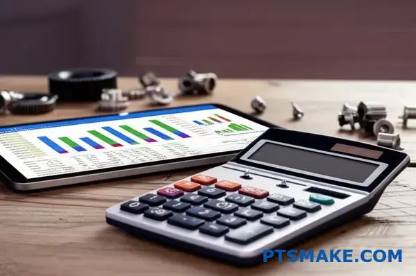 Calculator with cost analysis spreadsheet showing manufacturing process comparison calculations for metal component production
