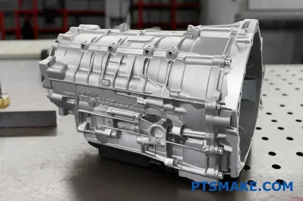 Complex aluminum die cast transmission housing displaying precision manufacturing and superior casting quality compared to alternative production methods
