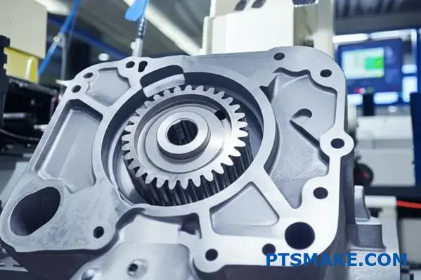 Precision steel gear component fitted inside lightweight aluminum housing demonstrating hybrid manufacturing approach combining injection molding and casting technologies