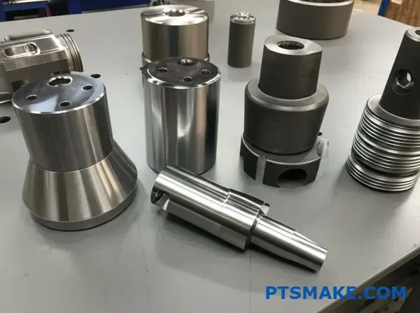 Steel components showing different heat treatment results comparing injection molded versus cast metal manufacturing processes