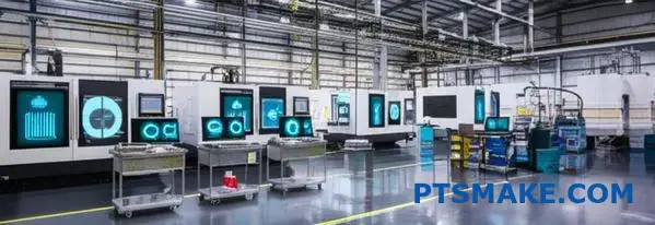 Industrial manufacturing facility comparing energy efficiency between metal injection molding and die casting processes with monitoring equipment