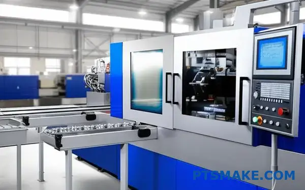 Industrial MIM machine manufacturing precision metal components for automotive applications in modern factory setting