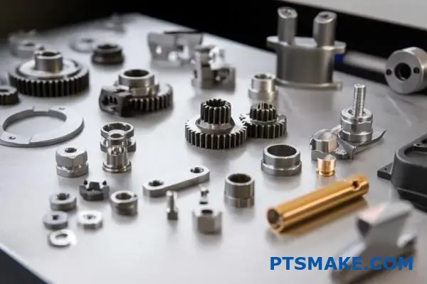 Multiple metal injection molded parts with various secondary finishing operations on work surface