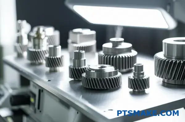 Multiple precision metal injection molded automotive gears and connectors displayed on measurement table for dimensional quality control
