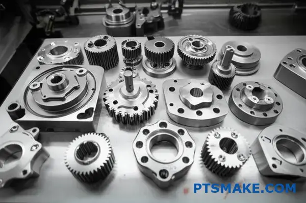 Various precision metal components produced through powder metallurgy injection molding process displayed on industrial surface