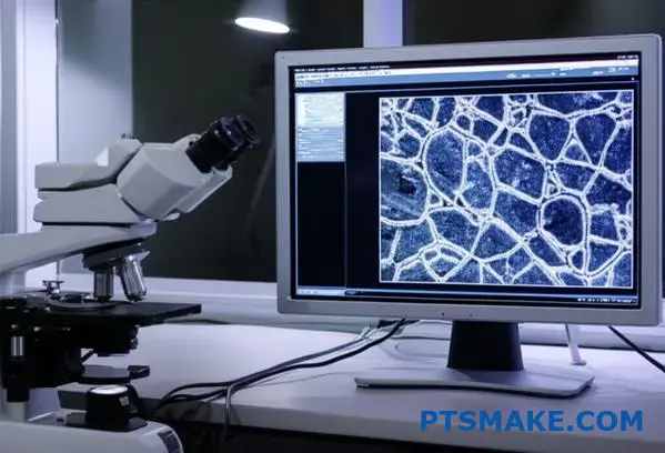 Professional microscope examining sintered metal injection molded part microstructure on laboratory bench