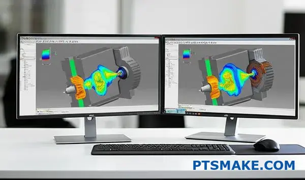 Advanced simulation software interface displaying metal injection molding flow analysis for precision manufacturing optimization