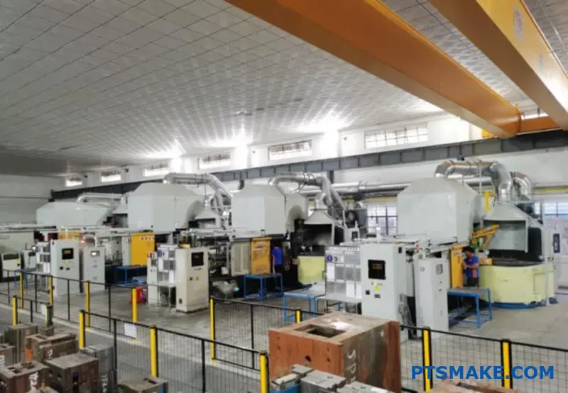 Industrial die casting equipment displaying precision metal casting process for automotive manufacturing production