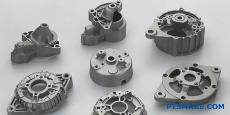 Various precision machined automotive components displayed for quality approval, demonstrating die casting manufacturing excellence and part validation standards