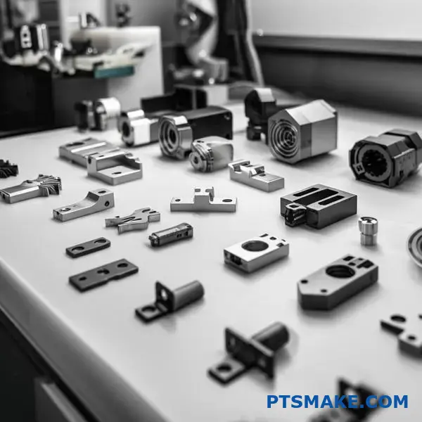 Varias piezas metálicas pequeñas de precisión producidas mediante el proceso de fabricación de moldeo por inyección de metal en un banco de trabajo industrial.