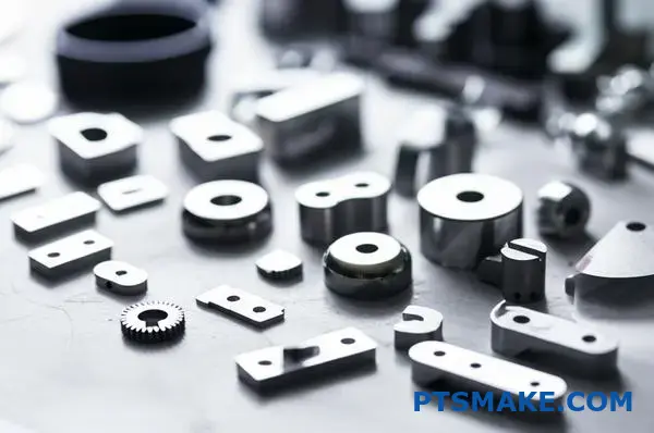 Various finished metal injection molding components displaying different surface treatments and precision manufacturing quality