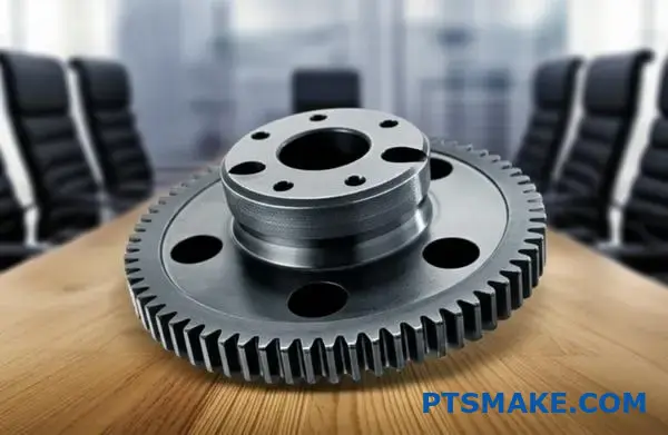 Engranaje metálico mecanizado con precisión que presenta una geometría compleja adecuada para la evaluación de la conversión del moldeo por inyección de metal.