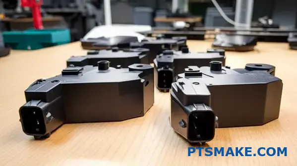 Carcasas moldeadas de precisión para sensores de automoción que muestran las capacidades de fabricación del moldeo por inyección de metal para la producción de grandes volúmenes.