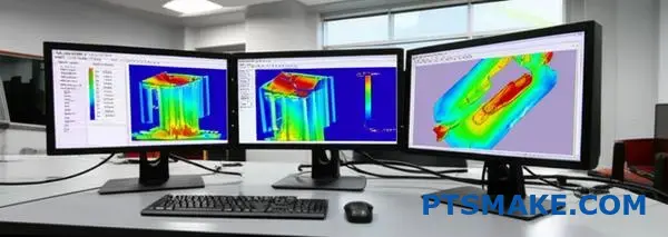 Monitores de ordenador que muestran análisis avanzados de simulación de flujo de moldes para la optimización del proceso de moldeo por inyección de metales y la prevención de defectos.