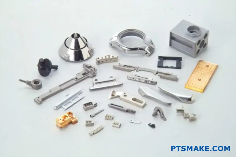 Various precision metal components showcasing different injection molding manufacturing techniques and machining processes on wooden table