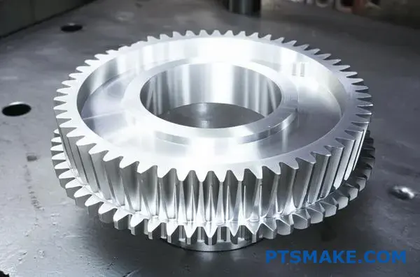 Premium forged aluminum gear displaying superior mechanical properties and refined metallic structure on industrial surface